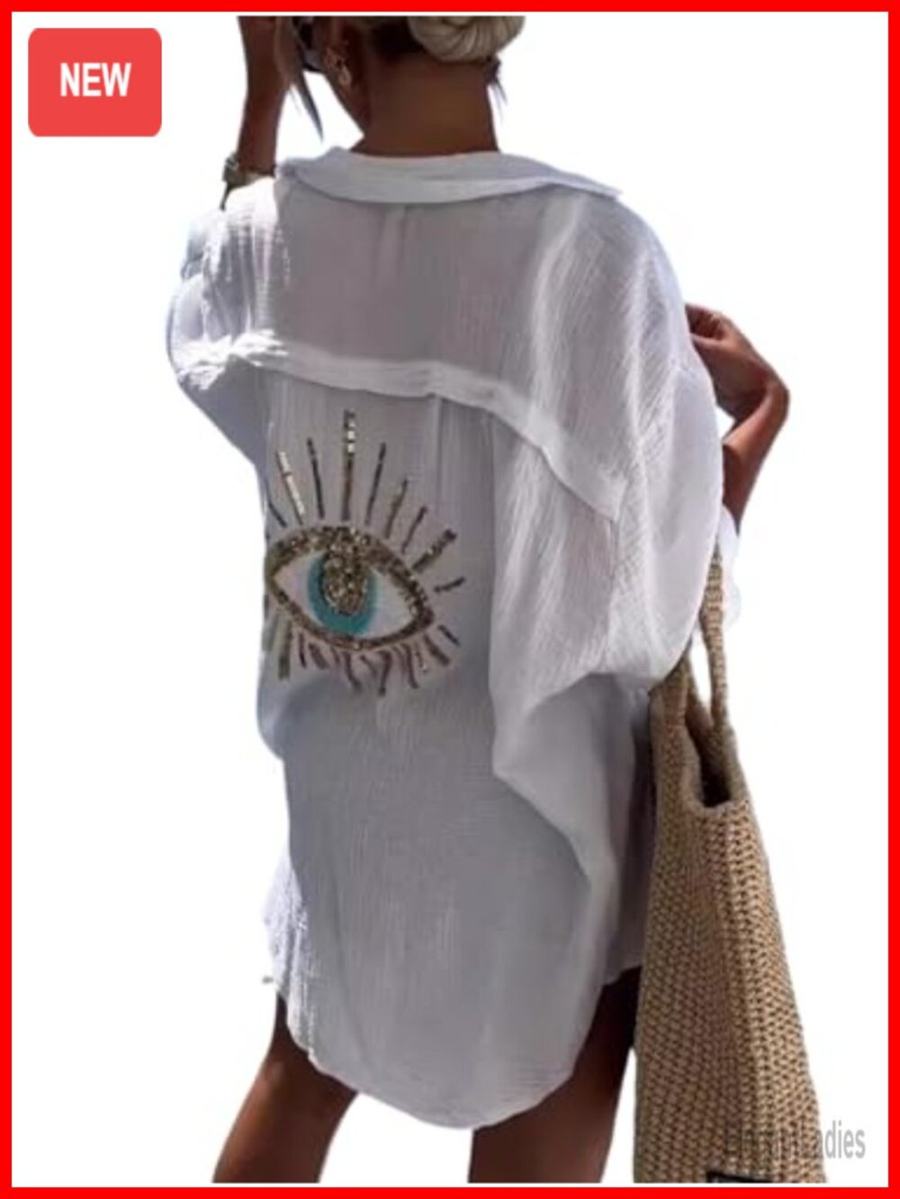 Long Sleeve Linen Button Down Shirt Oversized Evil Eye Beach Cover Up